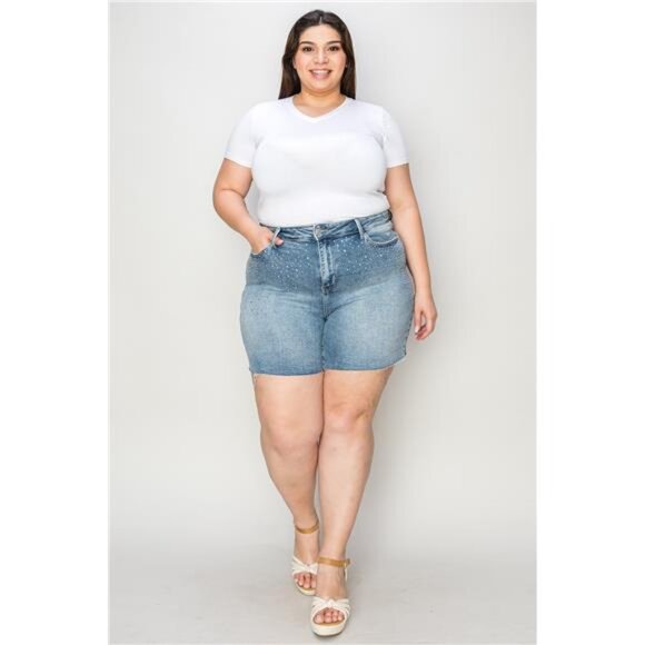 NWT Judy Blue Full Size High Waist Rhinestone Decor Denim Shorts